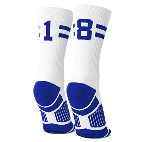 Classic Stripe Team Number Socks  Woven Mid-Calf  White  and  Royal  18 or 81