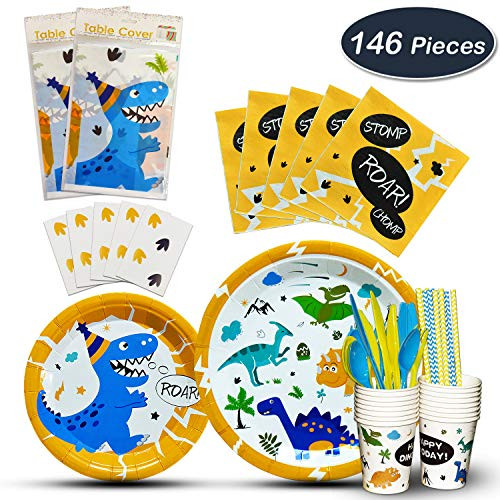 WERNNSAI Dinosaur Tableware Set - Party Supplies for Boys Kids Birthday Baby Shower Wedding Includes Cutlery Bag Table Cover Plates Cups Napkins Straws Utensils Serves 16 Guests 146 PCS WERNNSAI Dinosaur Tableware Set - Party Supplies for Boys Kids Birthday Baby Shower Wedding Includes Cutlery Bag Table Cover Plates Cups Napkins Straws Utensils Serves 16 Guests 146 PCS