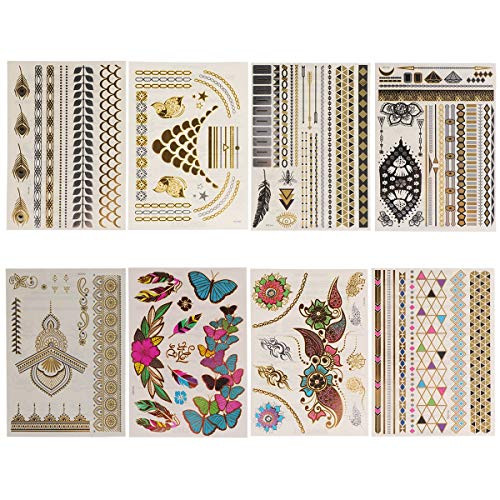 Temporary Boho Metallic Henna Tattoos - 7 Sheets Gold Silver Glitter Flash Fake Waterproof Tattoo Stickers-For Adults or Kid