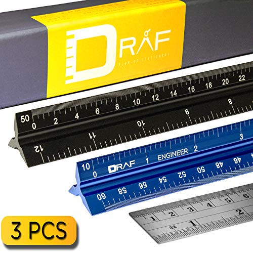 Engineer Scale Ruler Set 12" (Imperial) | Laser-Etched Aluminum Triangular Drafting Tool for Civil Engineering Blueprints | Standard Metal Ruler Included