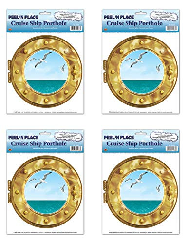 Beistle Cruise Ship Porthole Peel 'N Place 4 Piece World Traveler Party Supplies Nautical Wall Decorations 12" x 15" Multicolored