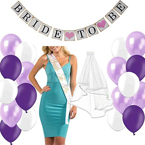 Bachelorette Party Decorations Kit- Bride to Be Banner, Bridal Veil with Comb, Bride to Be Sash, White Lavender Mix Purple Balloons for Bridal Shower Decorations Bachelorette Party Supplies