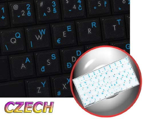 Czech Keyboard Decals ON Transparent Background with Blue Orange RED White OR Yellow Lettering -14X14- -Blue-