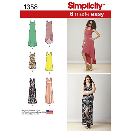 Simplicity Creative Sewing Pattern S0684 - 1358 Misses' Knit Dresses with Neckline Variations A -XXS-XS-S-M-L-XL-XXL-