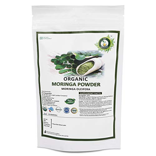 R V Essential Organic Moringa Powder 100gm- 3.53oz- 0.22lb- Moringa Oleifera Moringa Leaf Powder USDA Organic Certified Ayurvedic Herbal Supplement in Resealable and Reusable Zip Lock Pouch