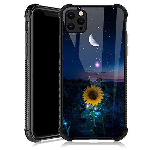 iPhone 12 Pro CaseSunflower Moon Starry Sky iPhone 12 Cases for GirlsTempered Glass Back Cover Anti Scratch Reinforced Corners Soft TPU Bumper Shockproof Case for iPhone 12 Pro-iPhone 12 Night