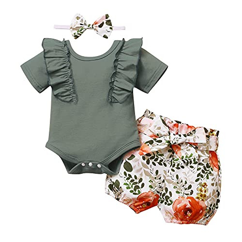 3 Month Baby Girl Clothes 3-6 Months Little Girls Clothes Infant Green Romper Onesie Girl Shorts Set Floral Short Baby Outfits Cute Clothes for Girls