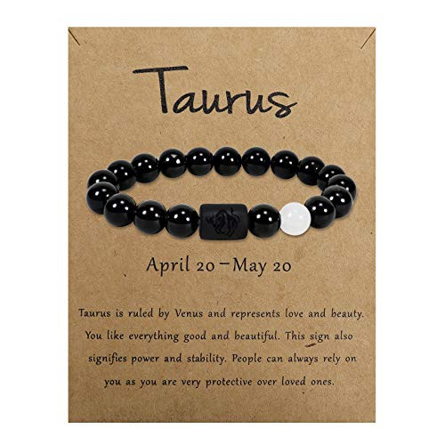 EnjoIt 10mm Natural Black Onyx Stone Zodiac Bracelet Star Sign Constellation Horoscope Bracelet for Women Men with Constellation Card C2282 -Taurus- EnjoIt 10mm Natural Black Onyx Stone Zodiac Bracelet Star Sign Constellation Horoscope Bracelet for Women Men with Constellation Card C2282 -Taurus-