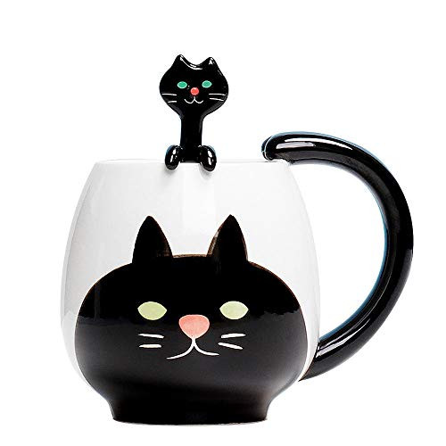 VanEnjoy Cute Coffee Mug Black Cat Animal Ceramic Coffee Mug with Spoon Funny Mug Novelty Cup Ceramic Mug Gift15 oz
