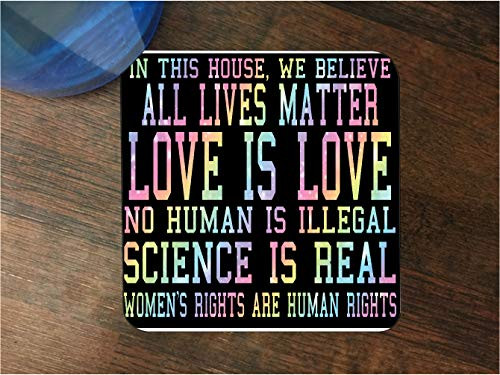 In This House We Beleive V3 Rainbow Text Silicone Drink Beverage Coaster 4 Pack by M and R