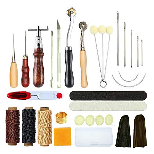 Vranky Leather Sewing Tools 31 Pcs DIY Hand Stitching Kit with Groover Awl Waxed Thimble Thread for Sewing Leather, Canvas or Other