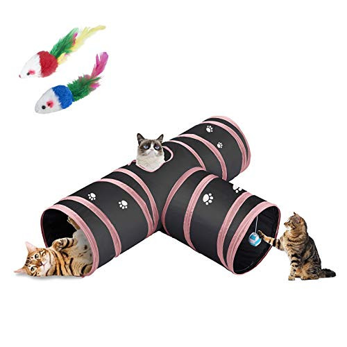 VETIN Cat Tunnel Cat Tunnels for Indoor Cats Tube Cat Toys 3 Way Collapsible Kitty Tunnel with 2 Interactive Cat Pet Toys Peek Hole Toy Ball Cat Puppy Kitty Kitten Rabbit -Pink Claw-