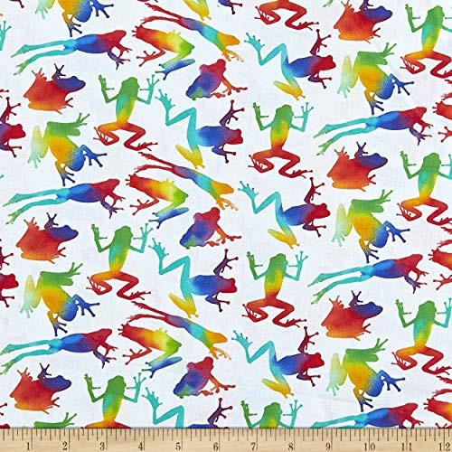 Studio E Fabrics Studio E Jewels of The Jungle Digital Rainbow Frog Fabric White