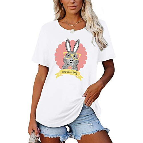 Easter T-Shirt for Women Easter Bunny with Glasses Printing O-Neck Short Tops Loose Blouse Shirt White