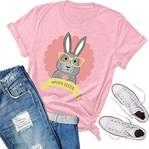 Easter T-Shirt for Women Easter Bunny with Glasses Printing O-Neck Short Tops Loose Blouse Shirt Pink