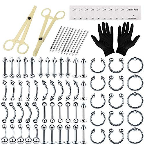 Piercing Kit - Autdor 84Pcs Professional Body Piercing Kit Includes Piercing Jewelry Piercing Needles 14G 16G 18G Piercing Clamp Belly Ring Tongue Tragus Nipple Lip Nose Ring -Silver-84pcs-