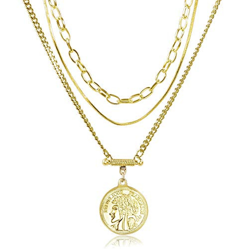 JSJOY Gold Layered Necklace for Women 14K Gold Plated Coin Necklaces Layered of 3 Multilayer Choker Necklaces for Women Girls JSJOY Gold Layered Necklace for Women 14K Gold Plated Coin Necklaces Layered of 3 Multilayer Choker Necklaces for Women Girls