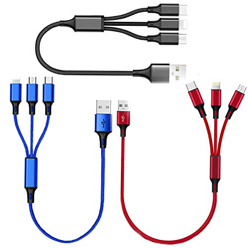 eLUUGIE 3 Packs Short Multi USB Charging Cable Fast Charger Cord 3 in 1 USB Type C Micro USB and L Connectors Compatible with All Most Cell Phones Universal Phone Charger Cable -Black-Blue-Red-
