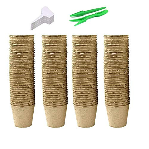 100 Packs 3.15 Inch Peat Pots Plant Starters for Seedling with 100 Pcs Plant Labels Biodegradable Seed Starter Kits Nursery Pots for Vegetables Herbs Flowers - Use for Germination or Seedlings