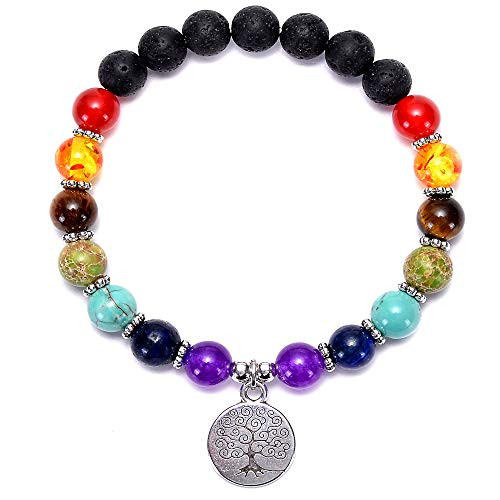 PINZHIGAO 8mm Lava Rock Bracelet Bead Chakra Bracelet 7 Chakras Healing Bracelet .Yoga Stone Beads Bracelets Meditation Relax Anxiety Bangle for Womens Mens-1layer Pendant-