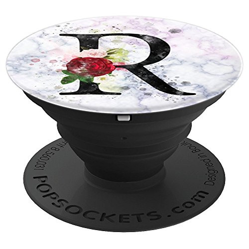 R Monogram Watercolor Red Rose Letter R Floral Marble PopSockets Grip and Stand for Phones and Tablets