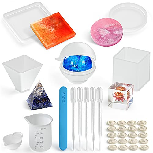 Silicone Epoxy Resin Mold Bundle Kits Nicpro 5PCS Large Resin Casting Molds Square Cube Sphere Round Pyramid with Silicone Measure Cup and Sticks for Candle Wax Soap Bowl Mat