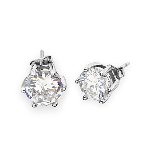 EVER FAITH Jewelry 925 Sterling Silver 7MM Prong Round Clear Cubic Zirconia Unisex Pierced Stud Earrings