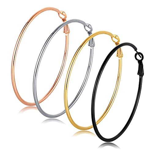 4 Pairs Big Hoop Earrings for Women Girls 316L Stainless Steel Hypoallergenic Hoop Earrings Silver Plated 14K Gold Plated Rose Gold Plated Black Gold Plated Earrings Set?60mm?