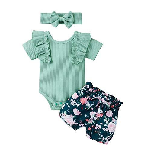 Newborn Baby Girl Clothes Short Sleeve Onesies Romper Floral Shorts Cute Baby Girl Clothes Newborn Headbands -Green-Ruffle 6-9 Months-