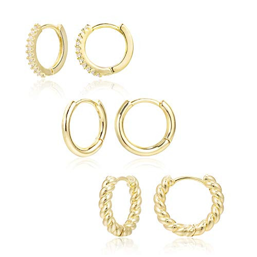 3 Pairs Small Huggie Hoop Earrings Set 14K Gold Plated 925 Sterling Silver Hypoallergenic Lightweight Huggie Hoops Earrings for Women Girls