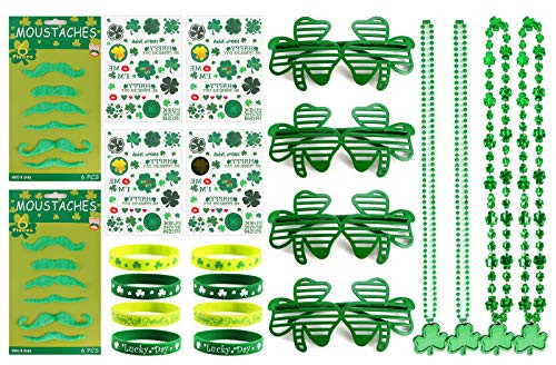 EnjoIt 22 Pcs St. Patrick's Day Set Shamrock Clover Green Bead Necklace Glasses Bracelet - Party Favors Decorations Supplies 5 Types C2309