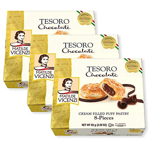 Tesoro Chocolate Cream by Matilde Vicenzi  Chocolate Cream Filled Puff Pastry Patisserie  All Natural Dairy Kosher  Made in Italy  2.29oz -65g- Box of 8 Pastries 3-Pack