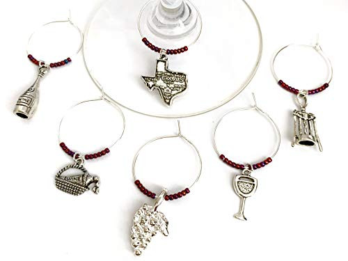Texas Wine Country Charms Gift for Texan Wine lover. Includes State of Texas Grapes Wine Bottle Cheers glasses picnic basket and corkscrew charms. Set of 6. BURGUNDY BEADS.