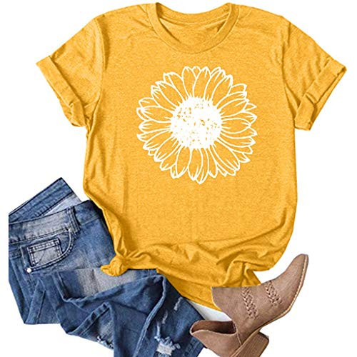YUehswet Womens Short Sleeve TopsWomen's Vintage Sunflower Letter Print T Shirts Summer O Neck Tees Short Sleeve Blouse Top