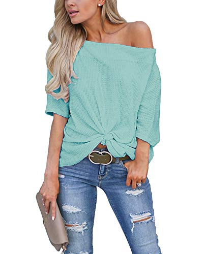 LACOZY Women's Casual Waffle Knit Tunic Blouse Sexy Off The Shoulder Tops Knot Batwing T Shirt Blue Green Blue Medium(8/10)