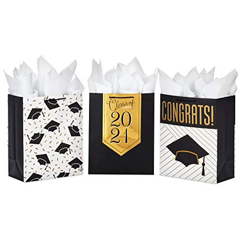 Hallmark 13" Large Graduation Gift Bags Assortment with Tissue Paper -3 Pack- Black and Gold "Class of 2021" "Congrats" Mortarboards- Hallmark 13" Large Graduation Gift Bags Assortment with Tissue Paper -3 Pack- Black and Gold "Class of 2021" "Congrats" Mortarboards-