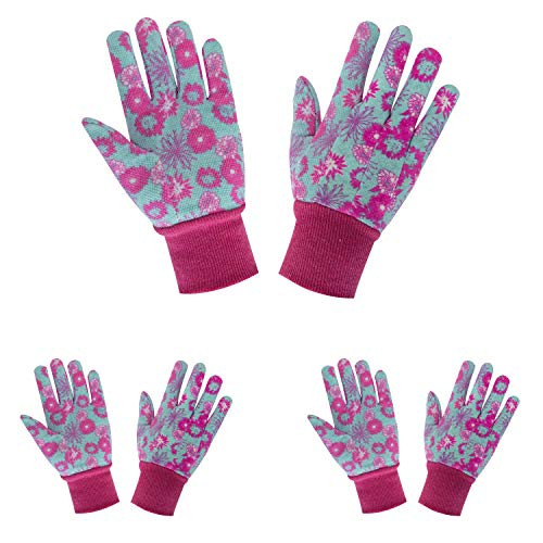 Women Gardening Gloves 3 Pairs Ladies Soft Cotton Work Gloves Floral Printing Jersey Garden Gloves with PVC Grip Dots -Large Pink 3 Pairs-