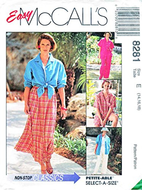 McCall's Sewing Pattern 8281 Misses' Shirt-Jacket Pull-on Pants or Shorts and Skirt E -Size 14 16 18- McCall's Sewing Pattern 8281 Misses' Shirt-Jacket Pull-on Pants or Shorts and Skirt E -Size 14 16 18-