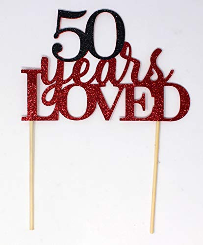 All About Details 50 Years Loved Cake Topper, 1pc, 50th birthday, 50th anniversary, glitter topper, party decoration, photo props (Red & Black)