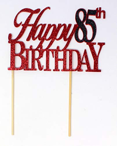 All About Details Happy 85th Birthday Cake Topper,1pc, 85th Birthday, Party Decor, Glitter Topper (Red & Black)