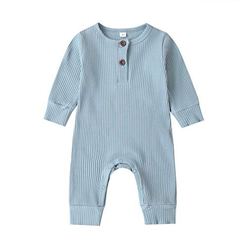 WALLARENEAR Newborn Baby Boy Girl Romper Solid Cotton Linen Jumpsuit Long Sleeve One-Piece Bodysuit Infant Clothes Outfits -Long Sleeve Light Blue 6-9 Months-