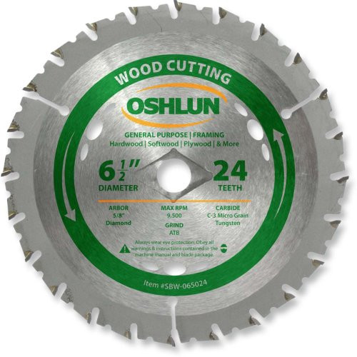 Oshlun SBW-065024 6-1-2-Inch 24 Tooth ATB General Purpose and Framing Saw Blade with 5-8-Inch Arbor -Diamond Knockout-