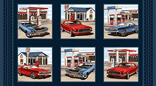 Patriotic Muscle Car Blocks Panel by Chelsea Designworks from Studio E 100 percent Cotton Quilt Fabric 5343-78 - 24" x 42"