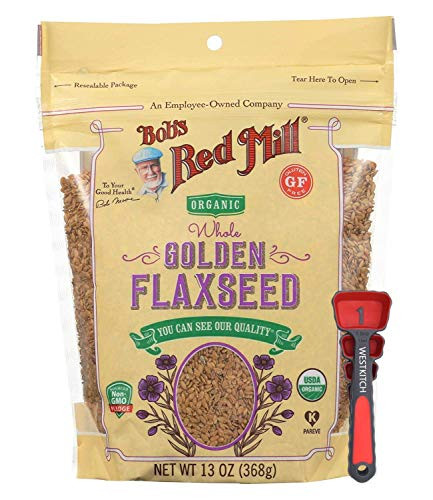 Bob's Red Mill Organic Raw Whole Golden Flaxseeds 13 Ounce Bundle with Measuring Spoons by Westkitch