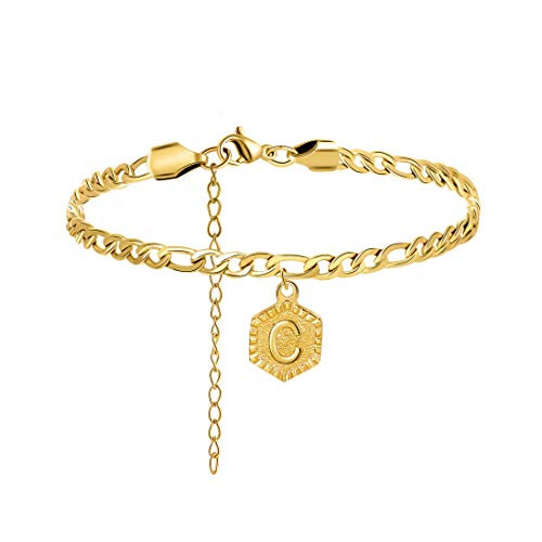 Initial Anklets anklets for Women 18K Gold Plated Figaro Chain Ankle Bracelets Personalized Letter C Birthday Beach Party Gifts for Teen Girls Bridesmaid Mom Daughter Best Friend Cute Dainty Jewelry
