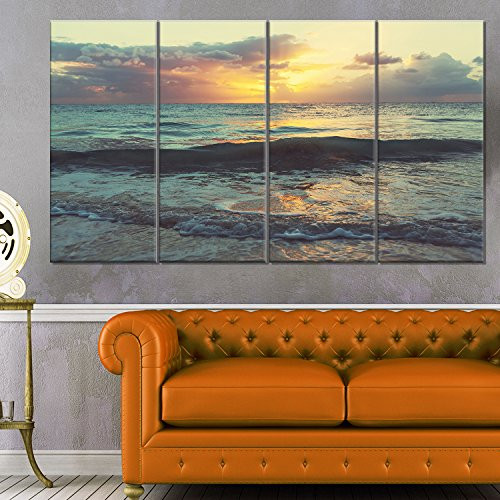 Designart MT12215-271 Colorful Bluish Waters at Sunset - Seashore Glossy Metal Wall Art,Blue/Yellow,48x28