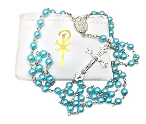 Catholic 6mm beads Woman or Girl Aqua Blue Rosary with White Vinyl Rosary Case with gold accent