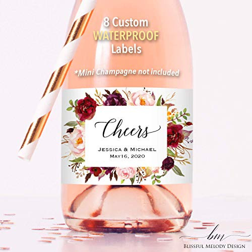 8 Customized WATERPROOF Polyester Mini Champagne Bottle Labels Personalized Burgundy Pink Floral Mini Wine Bottle Label Sticker 2x3.5" Baby Bridal Shower Wedding Birthday Party Fast Shipping 01
