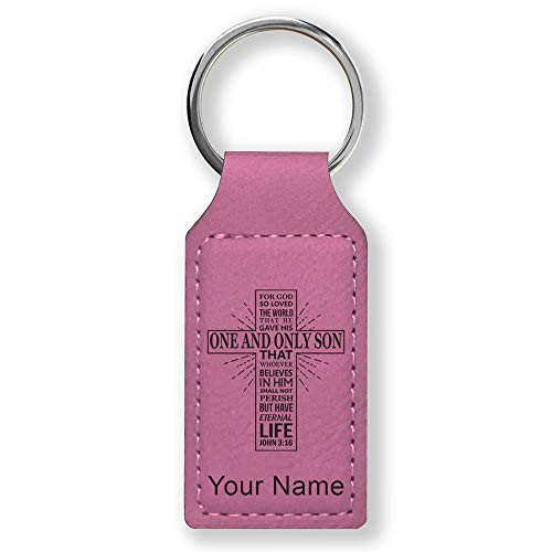 Rectangle Keychain Bible Verse John 3-16 Personalized Engraving Included -Pink-