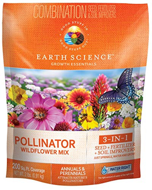Wildflower Pollinator Mix from Earth Science -2 lb- 3-in-1 Mix with Premium Wildflower Seed Plant Food and Soil Conditioners Non-GMO for Bees Hummingbirds Butterflies Pollinators